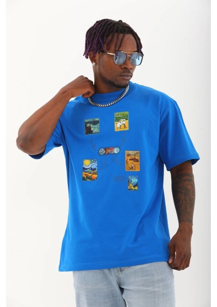 Unisex Oversize Baskılı Bisiklet Yaka T-Shirt - Mavi -Vlmr