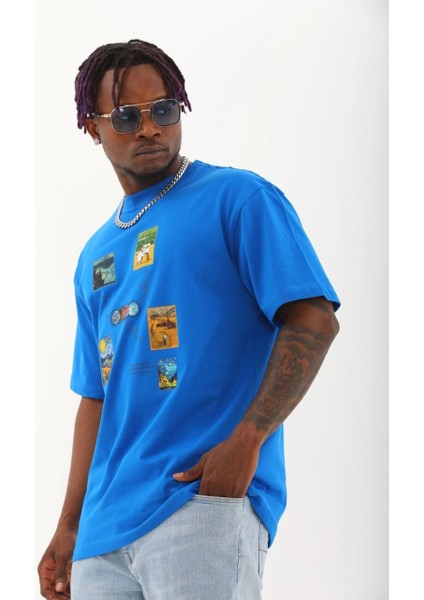 Unisex Oversize Baskılı Bisiklet Yaka T-Shirt - Mavi -Vlmr fiyatları