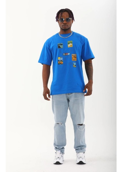 Unisex Oversize Baskılı Bisiklet Yaka T-Shirt - Mavi -Vlmr fırsatları