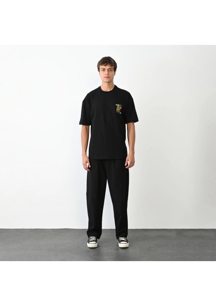 Unisex Bisiklet Yaka Baskılı Oversize T-Shirt - Siyah -Vlmr