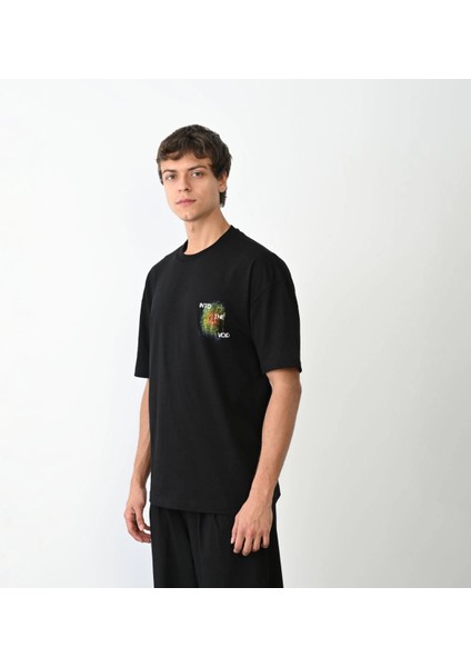 Unisex Bisiklet Yaka Baskılı Oversize T-Shirt - Siyah -Vlmr fiyatları