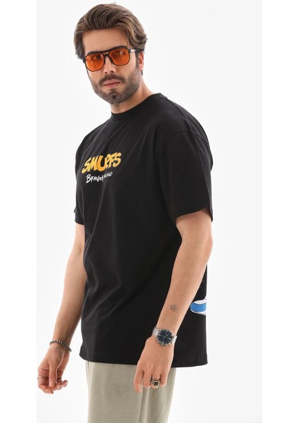 Unisex Bisiklet Yaka Baskılı Oversize T-Shirt - Siyah -Vlmr indirimleri