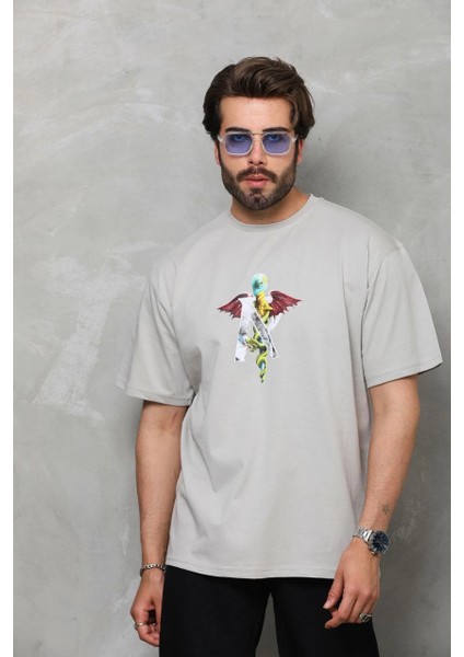Unisex Bisiklet Yaka Baskılı Oversize T-Shirt - Gri -Vlmr
