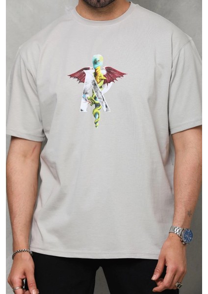 Unisex Bisiklet Yaka Baskılı Oversize T-Shirt - Gri -Vlmr fiyatları