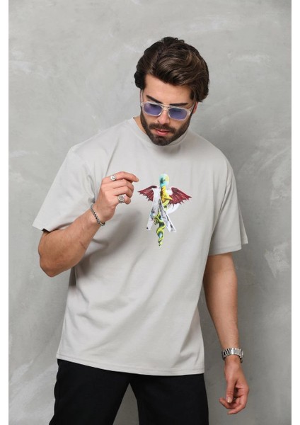 Unisex Bisiklet Yaka Baskılı Oversize T-Shirt - Gri -Vlmr modelleri