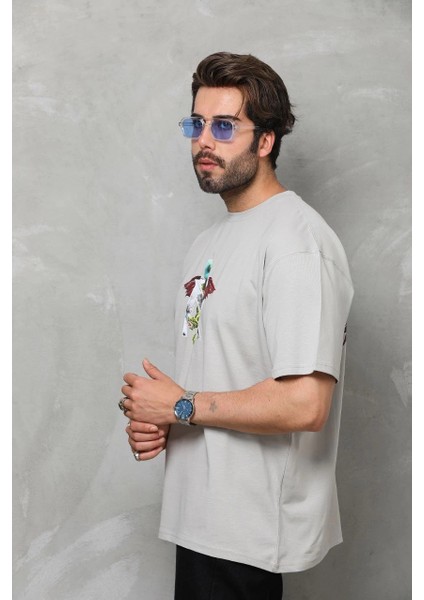 Unisex Bisiklet Yaka Baskılı Oversize T-Shirt - Gri -Vlmr indirimleri