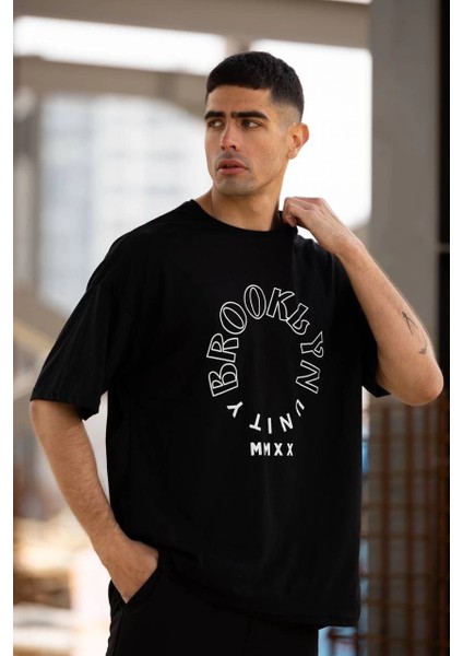 Unisex Bisiklet Yaka Baskılı Oversize T-Shirt - Siyah -Vlmr