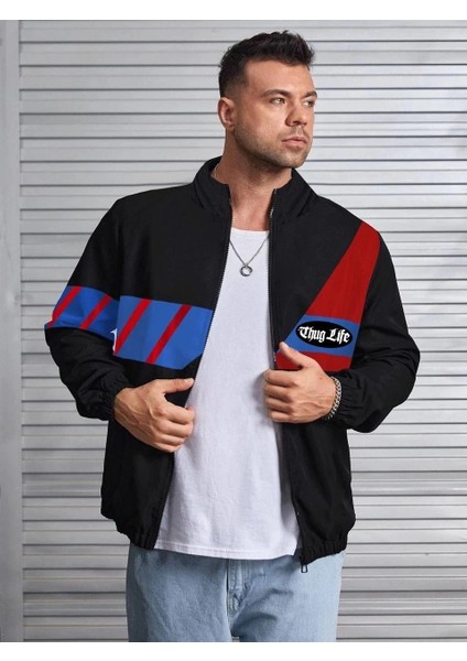 Unisex Uzun Koll Fermuarlı Baskılı Rüzgarlik - Siyah -Vlmr