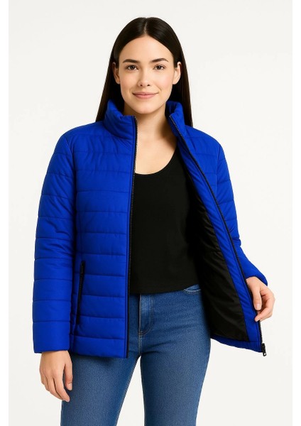 Kadın Bomber Mont Ceket - Su Itici Kumaş, Kapitone Astarlı, Fermuarlı, Kışlık - Saks Mavisi -Vlmr