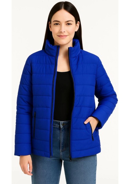 Kadın Bomber Mont Ceket - Su Itici Kumaş, Kapitone Astarlı, Fermuarlı, Kışlık - Saks Mavisi -Vlmr indirimleri