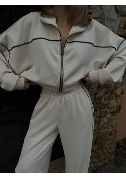 Fermuarlı Eşofman Pantolon Ikili Takım - Beyaz -Vlmr