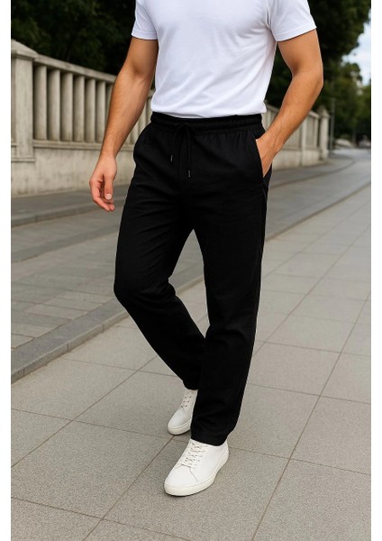 Erkek Keten Pantolon - Siyah -Vlmr