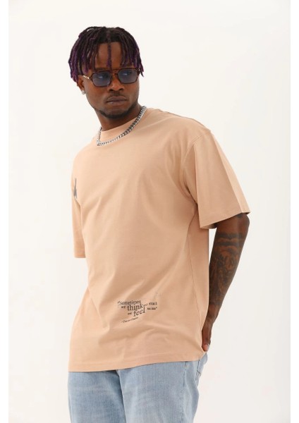 Unisex Oversize Baskılı Bisiklet Yaka T-Shirt - Bej -Vlmr