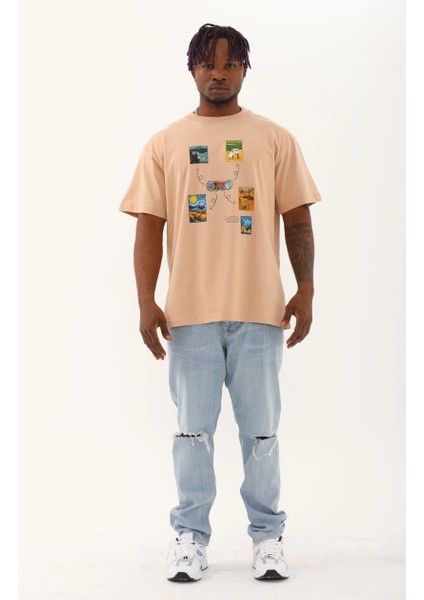 Unisex Oversize Baskılı Bisiklet Yaka T-Shirt - Bej -Vlmr fırsatları