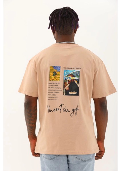 Unisex Oversize Baskılı Bisiklet Yaka T-Shirt - Bej -Vlmr indirimleri