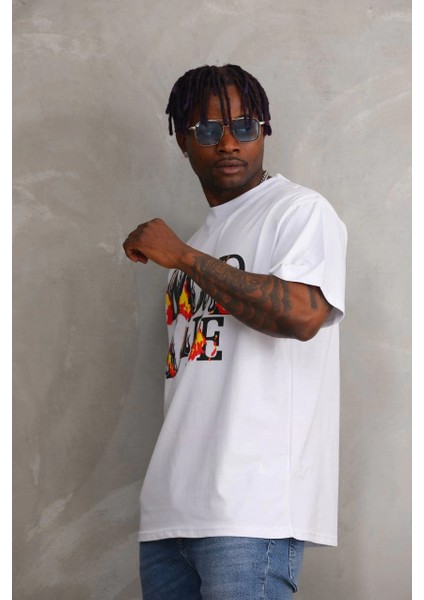 Unisex Baskılı Oversize T-Shirt - Beyaz -Vlmr fırsatları
