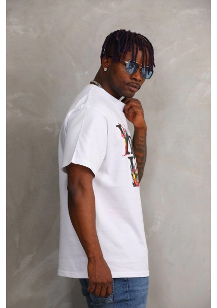 Unisex Baskılı Oversize T-Shirt - Beyaz -Vlmr indirimleri