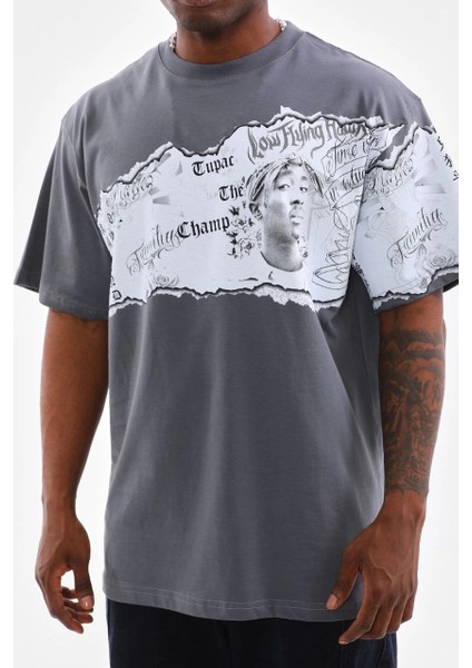 Unisex Bisiklet Yaka Baskılı Oversize T-Shirt - Gri -Vlmr