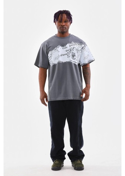 Unisex Bisiklet Yaka Baskılı Oversize T-Shirt - Gri -Vlmr fiyatları