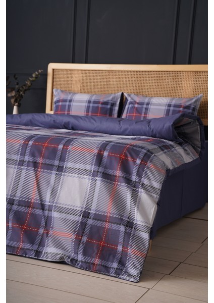 Çift Kişilik Nevresim Takımı %100 Pamuk Mavi Ekose