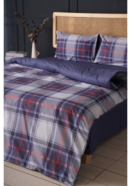 Çift Kişilik Nevresim Takımı %100 Pamuk Mavi Ekose fırsatları