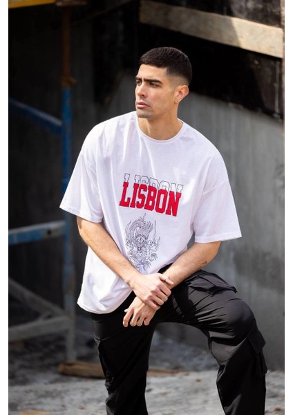 Unisex Bisiklet Yaka Baskılı Oversize T-Shirt - Beyaz -Vlmr