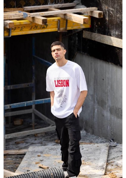 Unisex Bisiklet Yaka Baskılı Oversize T-Shirt - Beyaz -Vlmr fırsatları