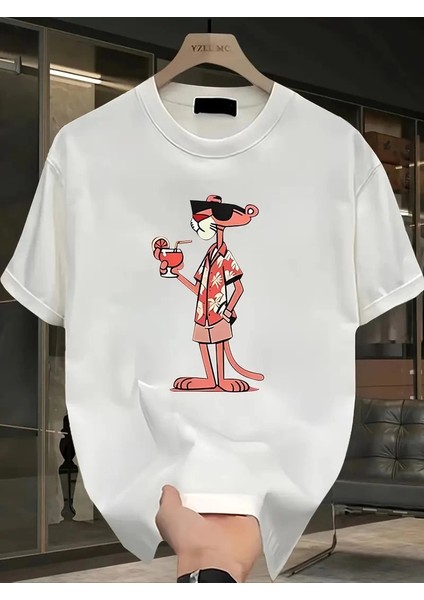 Pembe Panter Baskılı Erkek Oversize Günlük Kısa Kollu Tişört- Beyaz -Vlmr