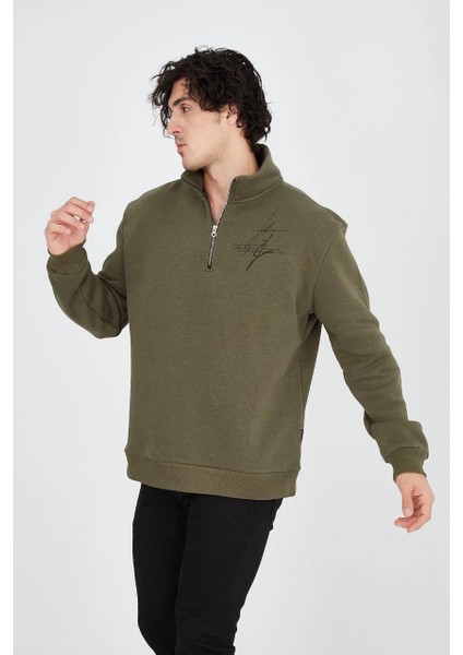 Erkek Yarım Fermuarlı Baskılı Sweat - Yeşil -Vlmr fiyatları