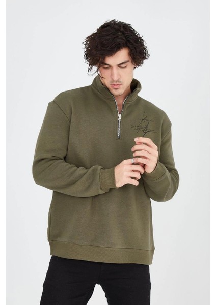 Erkek Yarım Fermuarlı Baskılı Sweat - Yeşil -Vlmr indirimleri