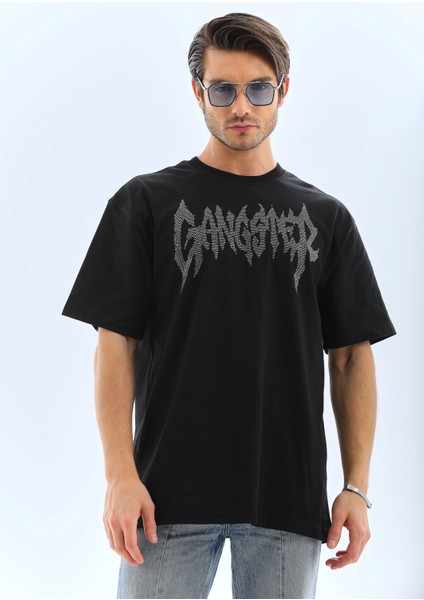 Unisex Oversize Taşlı Bisiklet Yaka T-Shirt - Siyah -Vlmr