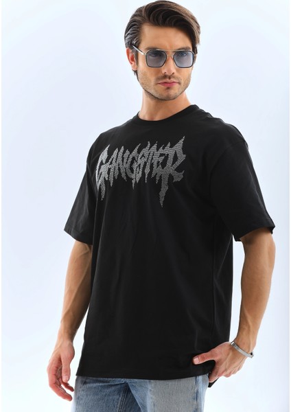 Unisex Oversize Taşlı Bisiklet Yaka T-Shirt - Siyah -Vlmr fırsatları