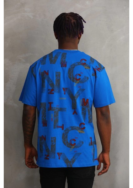 Unisex Baskılı Oversize T-Shirt - Mavi -Vlmr fiyatları