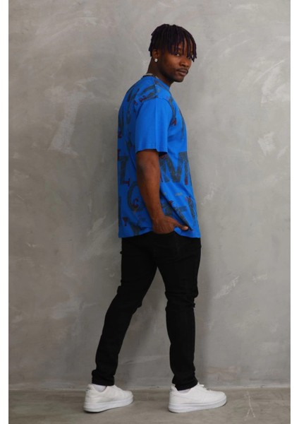 Unisex Baskılı Oversize T-Shirt - Mavi -Vlmr indirimleri
