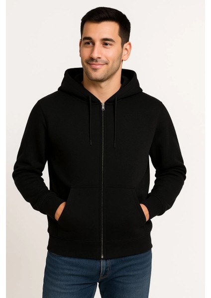 Erkek Üç Iplik Kapüşonlu Tam Fermuarlı Kanguru Çepli Sweatshirt Hoodie - Siyah -Vlmr fiyatları