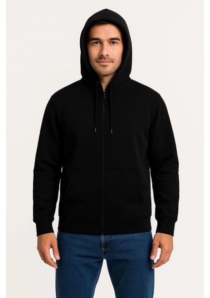 Erkek Üç Iplik Kapüşonlu Tam Fermuarlı Kanguru Çepli Sweatshirt Hoodie - Siyah -Vlmr indirimleri
