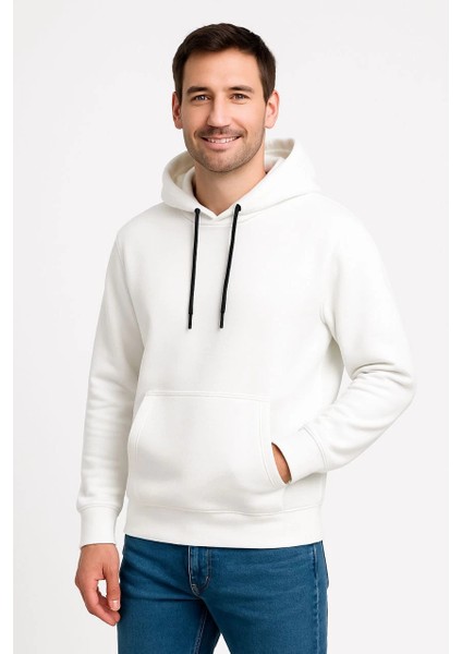 Erkek Üç Iplik Kapüşonlu Kanguru Cepli Sweatshirt Hoodie - Beyaz -Vlmr indirimleri