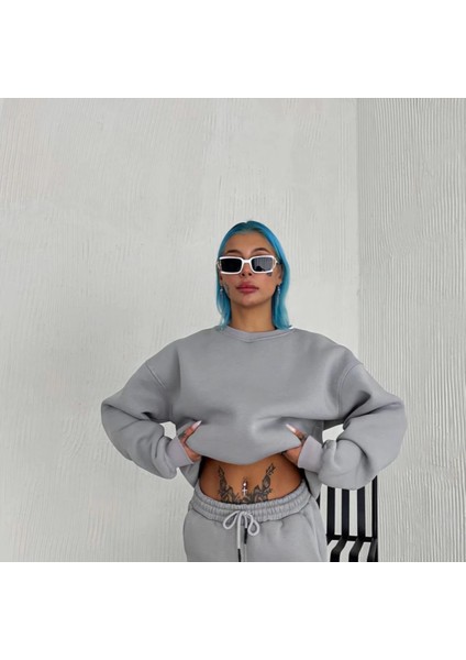 Kışlık Bisiklet Yaka Üç Iplik Basic Sweatshirt - Gri -Vlmr