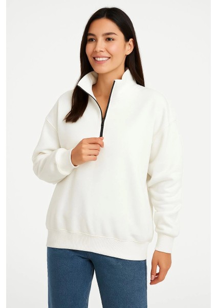 Kadın Üç Iplik Dık Yaka Yarım Fermuarlı Sweatshirt - Beyaz -Vlmr