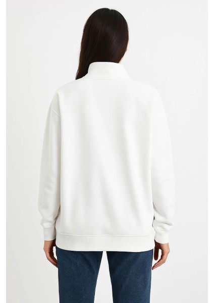 Kadın Üç Iplik Dık Yaka Yarım Fermuarlı Sweatshirt - Beyaz -Vlmr fiyatları