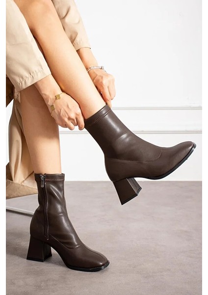 Topuklu Kadın Streç Bot Kahve