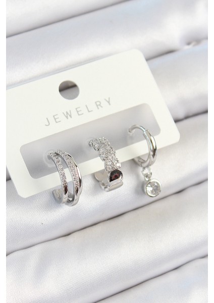 Pirinç Zirkon Taşlı Halka Model Gümüş Renk 3 Lü Çift Kadın Küpe Set