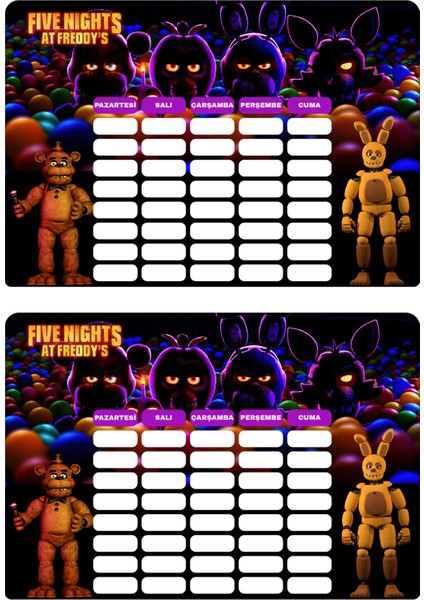 Fnaf Haftalık Ders Programı Sticker Etiket 2 Adet 1 Sayfa A4