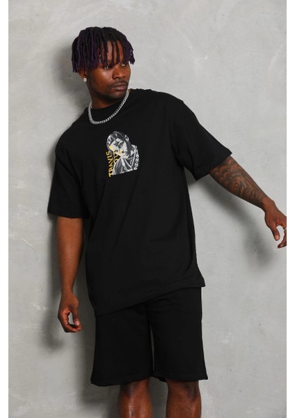 Unisex Oversize Baskılı Bisiklet Yaka T-Shirt - Siyah -Vlmr fiyatları