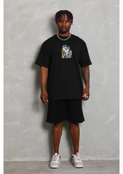 Unisex Oversize Baskılı Bisiklet Yaka T-Shirt - Siyah -Vlmr modelleri