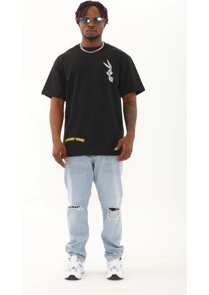 Unisex Oversize Baskılı Bisiklet Yaka T-Shirt - Siyah -Vlmr modelleri