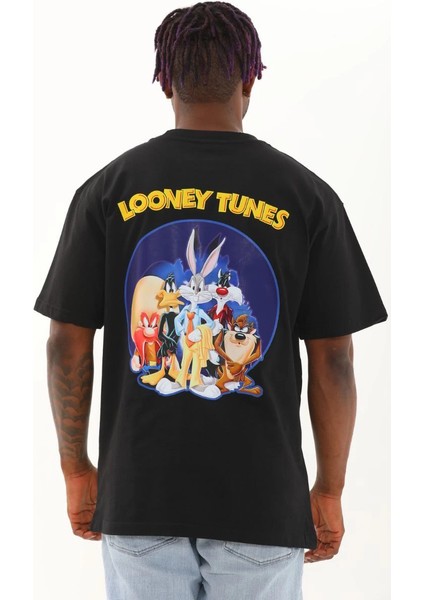 Unisex Oversize Baskılı Bisiklet Yaka T-Shirt - Siyah -Vlmr fırsatları