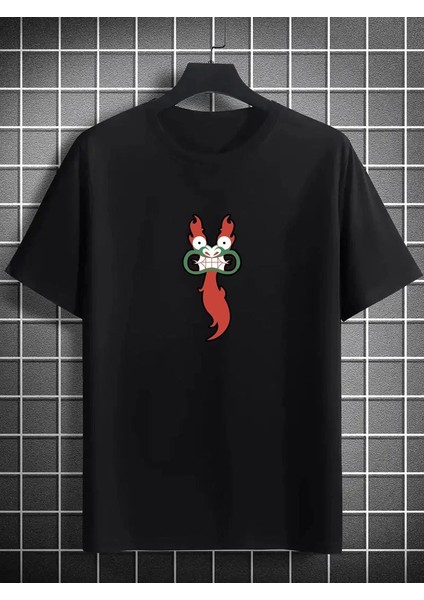 Unisex Bisiklet Yaka Baskılı Oversize T-Shirt - Siyah -Vlmr