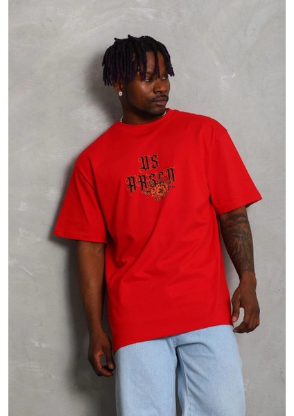 Unisex Oversize Baskılı Bisiklet Yaka T-Shirt - Kırmızı -Vlmr modelleri