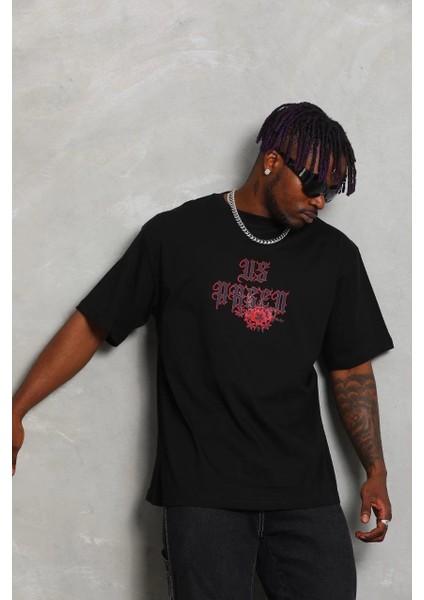 Unisex Oversize Baskılı Bisiklet Yaka T-Shirt - Siyah -Vlmr modelleri